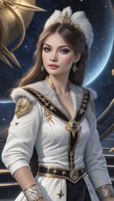 1girl,solo,long hair,breasts,looking at viewer,smile,brown hair,gloves,long sleeves,hat,dress,brown eyes,jewelry,closed mouth,collarbone,upper body,earrings,sky,belt,star (symbol),bracelet,lips,coat,fur trim,makeup,moon,crown,lipstick,gem,star (sky),starry sky,gold trim,hand in pocket,realistic,nose,white coat,red lips,space,planet,earth (planet),bangs,standing,artist name