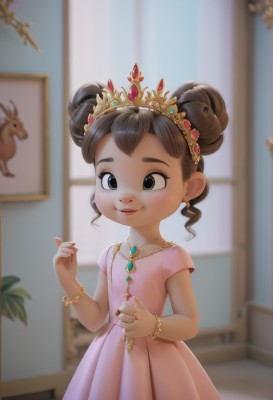 1girl,solo,smile,short hair,brown hair,dress,jewelry,closed mouth,short sleeves,earrings,indoors,necklace,hair bun,blurry,black eyes,bracelet,lips,double bun,blurry background,animal,ring,tiara,crown,gem,child,pink dress,female child,deer,holding jewelry,black hair,artist name,flat chest,window,depth of field,princess