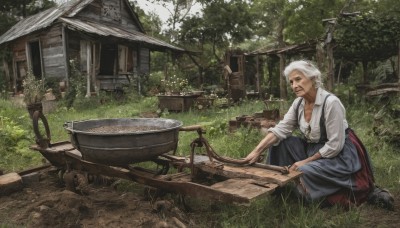 1girl,solo,breasts,short hair,skirt,shirt,1boy,cleavage,sitting,white shirt,white hair,boots,outdoors,day,tree,facial hair,scar,table,grass,nature,scenery,architecture,house,old,old man,old woman,garden,grill,jewelry,necklace,apron,squatting,plant,realistic,basket