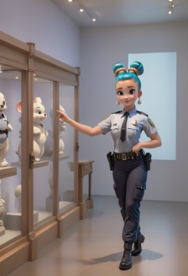 1girl,solo,looking at viewer,smile,short hair,open mouth,shirt,brown eyes,jewelry,blue hair,standing,full body,white shirt,weapon,short sleeves,earrings,boots,necktie,teeth,collared shirt,belt,pants,indoors,dark skin,hair bun,black footwear,uniform,black eyes,high heels,dark-skinned female,lips,hand on hip,gun,double bun,aqua hair,makeup,shadow,black pants,crossed legs,lipstick,pointing,black necktie,handgun,reflection,walking,pocket,black belt,pouch,belt buckle,mirror,blue pants,holster,multiple others,police,mouse,police uniform,policewoman,reflective floor,blush