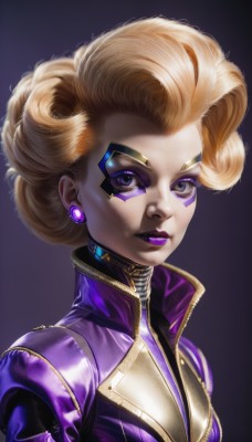 1girl,solo,breasts,looking at viewer,short hair,blonde hair,jewelry,purple eyes,upper body,earrings,lips,bodysuit,makeup,facial mark,lipstick,portrait,eyeshadow,curly hair,high collar,realistic,nose,eyeliner,facepaint,purple jacket,purple lips,purple bodysuit,mascara,simple background,medium breasts,jacket,shiny,artist name,signature,eyelashes,glowing,purple background,stud earrings,cyberpunk