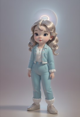 1girl,solo,long hair,looking at viewer,smile,blue eyes,blonde hair,simple background,brown hair,shirt,long sleeves,closed mouth,standing,jacket,full body,white shirt,open clothes,shoes,pants,grey background,necklace,lips,shadow,halo,denim,blue jacket,child,curly hair,jeans,blue pants,female child,denim jacket,boots,chibi,fur trim