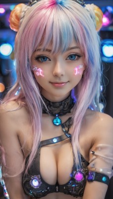 1girl,solo,long hair,breasts,looking at viewer,smile,bangs,blue eyes,cleavage,bare shoulders,jewelry,medium breasts,closed mouth,underwear,blue hair,upper body,pink hair,multicolored hair,choker,hair bun,nail polish,bra,blurry,two-tone hair,lips,eyelashes,double bun,makeup,blurry background,facial mark,gem,black nails,realistic,arm strap,hair ornament,braid,white hair,sidelocks,artist name,fingernails,depth of field,light smile,lipstick,black bra,armlet,pink lips,nose,mascara,nail art