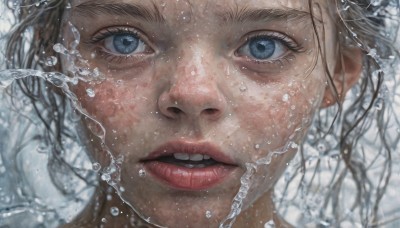 1girl,solo,looking at viewer,open mouth,blue eyes,blonde hair,brown hair,parted lips,teeth,tongue,water,blurry,tree,lips,eyelashes,portrait,close-up,freckles,water drop,realistic,nose,red lips,depth of field,blurry background,straight-on