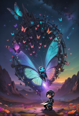 1girl,solo,short hair,black hair,1boy,holding,flower,outdoors,wings,sky,shorts,chibi,black eyes,book,night,glowing,headphones,squatting,grass,bug,staff,butterfly,star (sky),night sky,scenery,starry sky,sunset,mountain,butterfly wings,blue butterfly,looking at viewer,smile,cloud,robot,wand