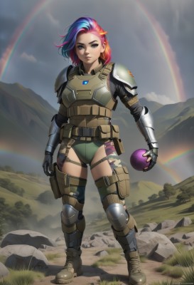 1girl,solo,looking at viewer,short hair,blue eyes,hair ornament,thighhighs,gloves,holding,blue hair,standing,full body,pink hair,purple hair,red hair,multicolored hair,boots,outdoors,sky,belt,artist name,cloud,medium hair,armor,two-tone hair,leotard,lips,streaked hair,makeup,thigh strap,watermark,brown footwear,cloudy sky,grass,shoulder armor,gauntlets,eyeshadow,pauldrons,pouch,breastplate,rock,mountain,holster,knee pads,shoulder pads,rainbow,explosive,thigh holster,plate armor,rainbow hair,body armor,parted lips,day,fingerless gloves,armored boots