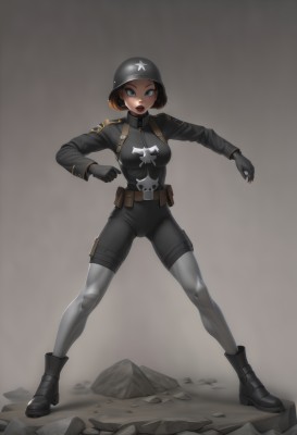 1girl,solo,breasts,looking at viewer,short hair,open mouth,blue eyes,brown hair,gloves,long sleeves,medium breasts,standing,jacket,full body,boots,black gloves,belt,black footwear,uniform,military,bodysuit,military uniform,helmet,clenched hand,legs apart,pouch,rock,fighting stance,holster,belt pouch,thigh pouch,simple background,white background,pants,black jacket,black headwear,black pants,grey jacket