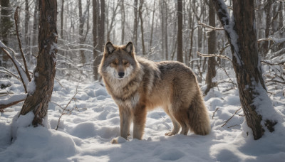 outdoors, day, tree, no humans, animal, nature, snow, forest, dog, snowing, realistic, animal focus, winter, bare tree