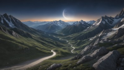 outdoors,sky,cloud,no humans,night,moon,grass,star (sky),nature,night sky,scenery,smoke,starry sky,rock,mountain,crescent moon,river,landscape,mountainous horizon,cliff,road