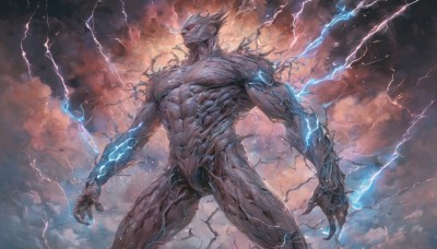 solo,red eyes,1boy,standing,male focus,sky,teeth,cloud,no humans,muscular,glowing,colored skin,abs,cloudy sky,sharp teeth,muscular male,glowing eyes,claws,veins,monster,electricity,lightning,alien,nude,pectorals