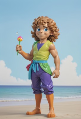 solo,looking at viewer,smile,blue eyes,brown hair,1boy,holding,standing,full body,flower,male focus,outdoors,sky,barefoot,sleeveless,day,pants,cloud,dark skin,water,blue sky,ocean,beach,dark-skinned male,curly hair,sand,holding flower,shirt,artist name,vest,muscular,lollipop