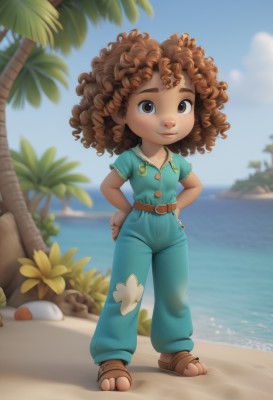 1girl,solo,long hair,looking at viewer,smile,brown hair,shirt,brown eyes,closed mouth,standing,full body,flower,short sleeves,outdoors,sky,day,belt,pants,artist name,cloud,signature,dark skin,water,blurry,flat chest,dark-skinned female,tree,blue sky,toes,buttons,depth of field,blurry background,ocean,beach,arms behind back,sandals,thick eyebrows,blue shirt,child,freckles,curly hair,hands on hips,green shirt,sand,palm tree,horizon,female child,brown belt,overalls,blush,lips,watermark,brown footwear,rock,coconut