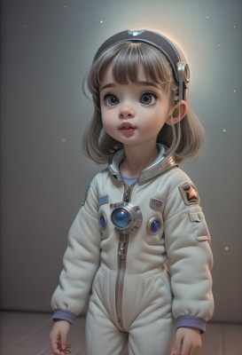 1girl,solo,looking at viewer,short hair,bangs,blue eyes,brown hair,long sleeves,standing,cowboy shot,hairband,parted lips,teeth,artist name,medium hair,star (symbol),black eyes,lips,grey eyes,child,zipper,realistic,female child,jumpsuit,spacesuit,astronaut,open mouth,jacket,eyelashes,bodysuit,wide-eyed,nose,arms at sides,red lips