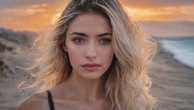 1girl,solo,long hair,looking at viewer,blonde hair,bare shoulders,closed mouth,collarbone,multicolored hair,outdoors,sky,water,blurry,two-tone hair,lips,grey eyes,depth of field,blurry background,ocean,wavy hair,beach,portrait,freckles,curly hair,sunset,realistic,nose,upper body,cloud,eyelashes,cloudy sky,wind