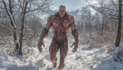 solo,looking at viewer,1boy,male focus,outdoors,sky,day,tree,no humans,muscular,abs,nature,scenery,snow,forest,veins,monster,bald,winter,bare tree,horror (theme),corpse,standing,weapon,teeth,cloud,blood,bird,cloudy sky,walking,giant,death