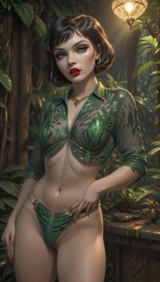 1girl,solo,breasts,looking at viewer,short hair,bangs,blue eyes,brown hair,shirt,black hair,long sleeves,navel,cleavage,jewelry,medium breasts,underwear,standing,panties,swimsuit,bikini,thighs,cowboy shot,earrings,outdoors,parted lips,midriff,collared shirt,artist name,necklace,stomach,nail polish,mole,tree,lips,crop top,fingernails,see-through,hand on hip,eyelashes,makeup,swept bangs,leaf,sunlight,plant,lipstick,no pants,nature,red nails,pendant,freckles,contrapposto,hoop earrings,lantern,realistic,nose,green shirt,red lips,lamp,green bikini,dappled sunlight,bikini bottom only,mascara,blush,bra,green bra