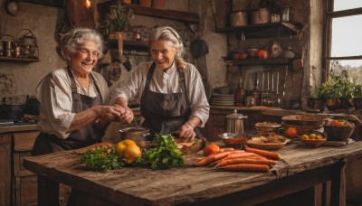 1girl,long hair,smile,short hair,open mouth,shirt,long sleeves,standing,closed eyes,white shirt,ponytail,braid,white hair,grey hair,food,multiple boys,indoors,2boys,looking at another,apron,cup,window,fruit,facial hair,scar,table,bottle,knife,plant,beard,plate,sleeves rolled up,bowl,clock,basket,potted plant,carrot,bread,old,old man,cooking,shelf,kitchen,jar,tomato,vegetable,frying pan,cabinet,old woman,potato,kitchen knife,wrinkled skin,cutting board,onion,multiple girls,holding,2girls,jewelry,hair bun,chair,single hair bun,realistic,apple,holding knife,candle,grapes,orange (fruit),banana,lemon,stove,lettuce,radish