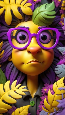 solo,looking at viewer,shirt,1boy,purple eyes,upper body,purple hair,flower,glasses,collared shirt,artist name,black shirt,pokemon (creature),no humans,colored skin,leaf,portrait,yellow flower,purple flower,yellow skin,purple-framed eyewear,1girl,smile,male focus,lips,watermark,plant,web address,leaf on head