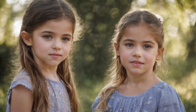 long hair,looking at viewer,smile,blue eyes,multiple girls,blonde hair,brown hair,shirt,black hair,dress,2girls,brown eyes,closed mouth,upper body,short sleeves,parted lips,mole,blurry,black eyes,lips,grey eyes,depth of field,blurry background,blue dress,siblings,sisters,child,curly hair,realistic,nose,bangs,hair ornament,outdoors,teeth,day,sunlight,blue shirt,bokeh