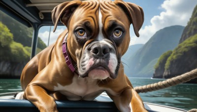 HQ,solo,looking at viewer,brown eyes,outdoors,sky,day,cloud,water,blurry,collar,tree,blue sky,no humans,animal,cat,dog,mountain,realistic,animal focus,whiskers,mountainous horizon,mount fuji,nature,animal collar