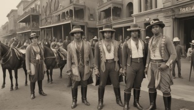 long hair,looking at viewer,smile,multiple girls,shirt,long sleeves,hat,holding,jewelry,standing,jacket,monochrome,weapon,greyscale,male focus,boots,outdoors,multiple boys,open clothes,belt,pants,sword,necklace,grin,vest,gun,facial hair,animal,knife,building,beard,walking,6+boys,mustache,riding,sepia,horse,cowboy hat,cane,horseback riding,cowboy western,open shirt,muscular,bandana,road,street,crowd,people