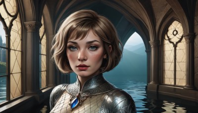 1girl,solo,looking at viewer,short hair,blue eyes,blonde hair,brown hair,jewelry,upper body,artist name,indoors,water,necklace,armor,lips,window,makeup,lipstick,shoulder armor,gem,portrait,freckles,reflection,fantasy,red lips,chainmail,blush,bangs,closed mouth,realistic,bridge,arch,gorget