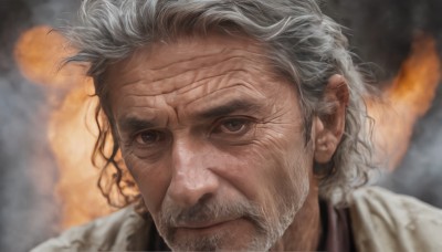 solo,looking at viewer,1boy,closed mouth,white hair,grey hair,male focus,blurry,black eyes,grey eyes,blurry background,facial hair,scar,messy hair,portrait,beard,smoke,realistic,mustache,manly,old,old man,wrinkled skin,scar on face,close-up,scar across eye