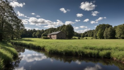 outdoors,sky,day,cloud,water,tree,blue sky,no humans,cloudy sky,grass,building,nature,scenery,forest,reflection,house,river,landscape,field,lake,reflective water