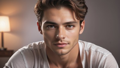 solo,looking at viewer,short hair,brown hair,shirt,1boy,brown eyes,closed mouth,white shirt,upper body,male focus,parted lips,indoors,blurry,lips,blurry background,facial hair,portrait,beard,realistic,nose,stubble,lamp,smile,close-up,light,chest hair