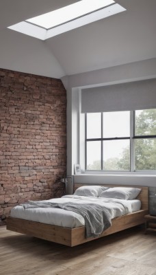 lying,day,indoors,tree,pillow,no humans,window,bed,bed sheet,on bed,scenery,wooden floor,blanket,wall,bedroom,brick wall,plant,door,under covers,still life,cabinet