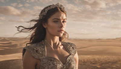 1girl,solo,long hair,breasts,brown hair,black hair,dress,cleavage,brown eyes,jewelry,closed mouth,collarbone,upper body,outdoors,sky,sleeveless,cloud,necklace,armor,blurry,lips,looking to the side,floating hair,looking away,beach,cloudy sky,wind,realistic,nose,sand,looking afar,desert,medium breasts,day,water,ocean,sunlight