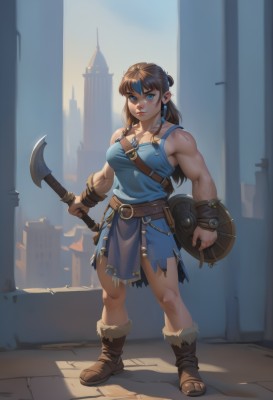 1girl,solo,long hair,breasts,looking at viewer,bangs,blue eyes,large breasts,brown hair,holding,cleavage,bare shoulders,jewelry,medium breasts,standing,full body,weapon,earrings,boots,belt,holding weapon,armor,lips,fur trim,muscular,scar,brown footwear,thick eyebrows,tank top,pelvic curtain,shield,fantasy,muscular female,brown belt,bracer,facepaint,axe,biceps,holding shield,holding axe,leather belt,dress,braid,sleeveless,pointy ears,torn clothes,nose,single strap