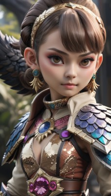 1girl,solo,breasts,looking at viewer,short hair,bangs,brown hair,hair ornament,cleavage,brown eyes,jewelry,closed mouth,upper body,hairband,earrings,small breasts,outdoors,wings,necklace,hair bun,armor,blurry,lips,eyelashes,blurry background,feathers,shoulder armor,gem,pauldrons,nose,braid,breastplate