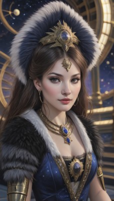 1girl,solo,long hair,breasts,looking at viewer,smile,brown hair,hair ornament,dress,cleavage,brown eyes,jewelry,medium breasts,upper body,earrings,parted lips,artist name,necklace,blurry,lips,fur trim,eyelashes,makeup,blurry background,blue dress,feathers,gem,fur collar,realistic,nose,red lips,gold