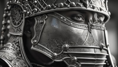 solo,looking at viewer,1boy,monochrome,greyscale,male focus,signature,armor,blurry,depth of field,blurry background,helmet,crown,shoulder armor,gem,portrait,veil,close-up,pauldrons,full armor,chainmail,1girl,weapon,sword,eyelashes,1other