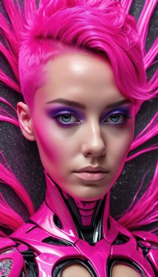 1girl,solo,long hair,looking at viewer,blue eyes,closed mouth,upper body,pink hair,shiny,lips,grey eyes,eyelashes,bodysuit,makeup,floating hair,lipstick,portrait,eyeshadow,science fiction,realistic,nose,eyeliner,space,cyborg,mascara,short hair,green eyes,artist name,clothing cutout,watermark,expressionless,cleavage cutout,pink lips