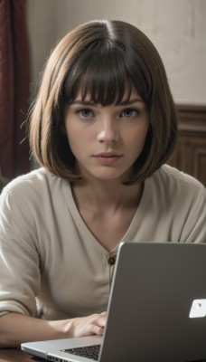 1girl,solo,looking at viewer,short hair,bangs,brown hair,shirt,black hair,brown eyes,closed mouth,upper body,indoors,signature,medium hair,blurry,black eyes,sweater,lips,grey eyes,blurry background,bob cut,curtains,freckles,realistic,nose,computer,laptop,keyboard (computer),collarbone,parted lips,artist name,nail polish,fingernails,eyelashes,watermark