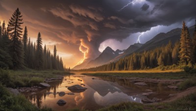 outdoors,sky,artist name,cloud,signature,water,tree,no humans,cloudy sky,grass,nature,scenery,forest,reflection,sunset,rock,mountain,electricity,river,lightning,landscape,lake,mountainous horizon