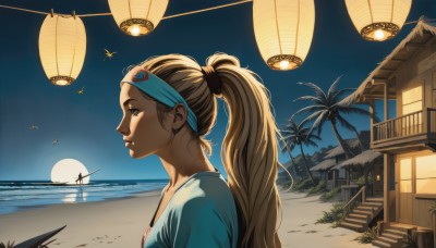 1girl,solo,long hair,blonde hair,brown hair,shirt,brown eyes,closed mouth,upper body,ponytail,outdoors,sky,water,from side,tree,lips,profile,night,headband,bird,ocean,beach,moon,blue shirt,night sky,sunset,lantern,nose,hair tie,sand,palm tree,sun,lamp,hairband,day,scenery,stairs,realistic,horizon,silhouette,paper lantern