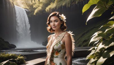 1girl,solo,breasts,looking at viewer,smile,short hair,brown hair,hair ornament,dress,bare shoulders,brown eyes,closed mouth,upper body,flower,small breasts,outdoors,sleeveless,hair flower,water,white dress,tree,lips,sleeveless dress,leaf,floral print,feathers,plant,nature,forest,realistic,nose,arms at sides,waterfall,jewelry,medium breasts,earrings,day,signature,sunlight,scenery