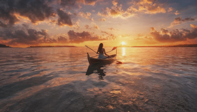 1girl, solo, long hair, black hair, sitting, outdoors, sky, cloud, water, from behind, dutch angle, ocean, sunlight, cloudy sky, scenery, reflection, sunset, sun, horizon, watercraft, waves, boat