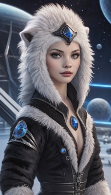 1girl,solo,long hair,looking at viewer,hat,animal ears,jewelry,closed mouth,jacket,upper body,white hair,flat chest,lips,coat,grey eyes,fur trim,makeup,lipstick,gem,realistic,nose,red lips,space,planet,fur hat,earth (planet),breasts,blue eyes,cleavage,horns,signature,hood,eyelashes,star (sky),eyeshadow,fur,alien