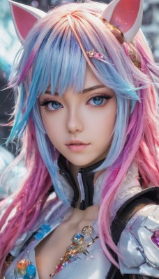 1girl,solo,long hair,breasts,looking at viewer,bangs,blue eyes,hair ornament,animal ears,cleavage,jewelry,blue hair,upper body,pink hair,multicolored hair,parted lips,hairclip,cat ears,necklace,armor,blurry,two-tone hair,lips,streaked hair,fox ears,eyelashes,makeup,blurry background,gem,portrait,eyeshadow,realistic,nose,shoulder armor