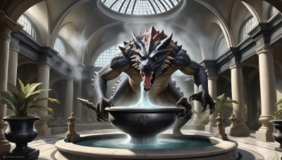 solo,open mouth,yellow eyes,horns,teeth,tongue,indoors,tongue out,water,no humans,window,fangs,plant,sharp teeth,steam,claws,spikes,monster,dragon,potted plant,scales,pillar,fountain,tail,statue,kaijuu