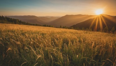 outdoors,sky,day,cloud,tree,no humans,sunlight,grass,nature,scenery,forest,sunset,mountain,sun,field,landscape,mountainous horizon,gradient sky,orange sky,sunrise,evening,hill