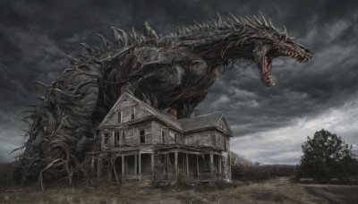 open mouth,outdoors,sky,teeth,cloud,tree,no humans,window,cloudy sky,grass,sharp teeth,building,scenery,monster,dragon,house,red eyes,horns,nature,spikes,forest,fantasy,ruins