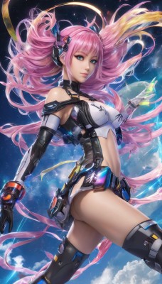 1girl,solo,long hair,breasts,looking at viewer,bangs,blue eyes,blonde hair,hair ornament,thighhighs,gloves,navel,bare shoulders,medium breasts,very long hair,pink hair,ass,multicolored hair,sky,black gloves,elbow gloves,midriff,black thighhighs,cloud,lips,gradient hair,floating hair,headgear,halo,science fiction,parted lips,from side,aqua eyes,clothing cutout,glowing,star (sky),space,planet,earth (planet)