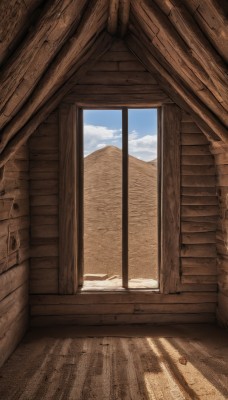 outdoors,sky,day,cloud,indoors,blue sky,no humans,window,shadow,sunlight,cloudy sky,scenery,wooden floor,mountain,door,wall,still life,wood