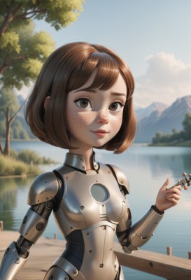 1girl,solo,breasts,looking at viewer,smile,short hair,bangs,brown hair,holding,brown eyes,closed mouth,upper body,small breasts,outdoors,sky,day,artist name,hand up,water,armor,blurry,tree,blue sky,lips,bodysuit,blurry background,bob cut,freckles,science fiction,mountain,joints,mechanical arms,cyborg,robot joints,mountainous horizon,lake,cloud,instrument,realistic,nose