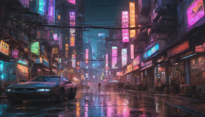 outdoors, no humans, night, ground vehicle, building, scenery, motor vehicle, reflection, rain, city, sign, car, road, cityscape, street, puddle, city lights, cyberpunk, neon lights